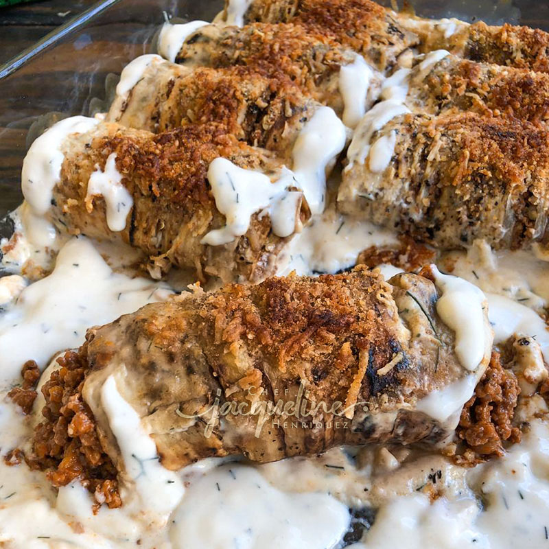 CANELONES DE BERENJENAS CON SALSA DE HINOJO Y ANIS