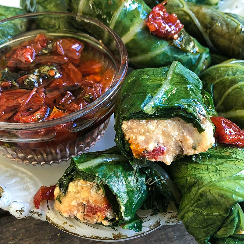 ROLLITOS DE ESPINACA Y YUCA CON VINAGRETA DE TOMATES